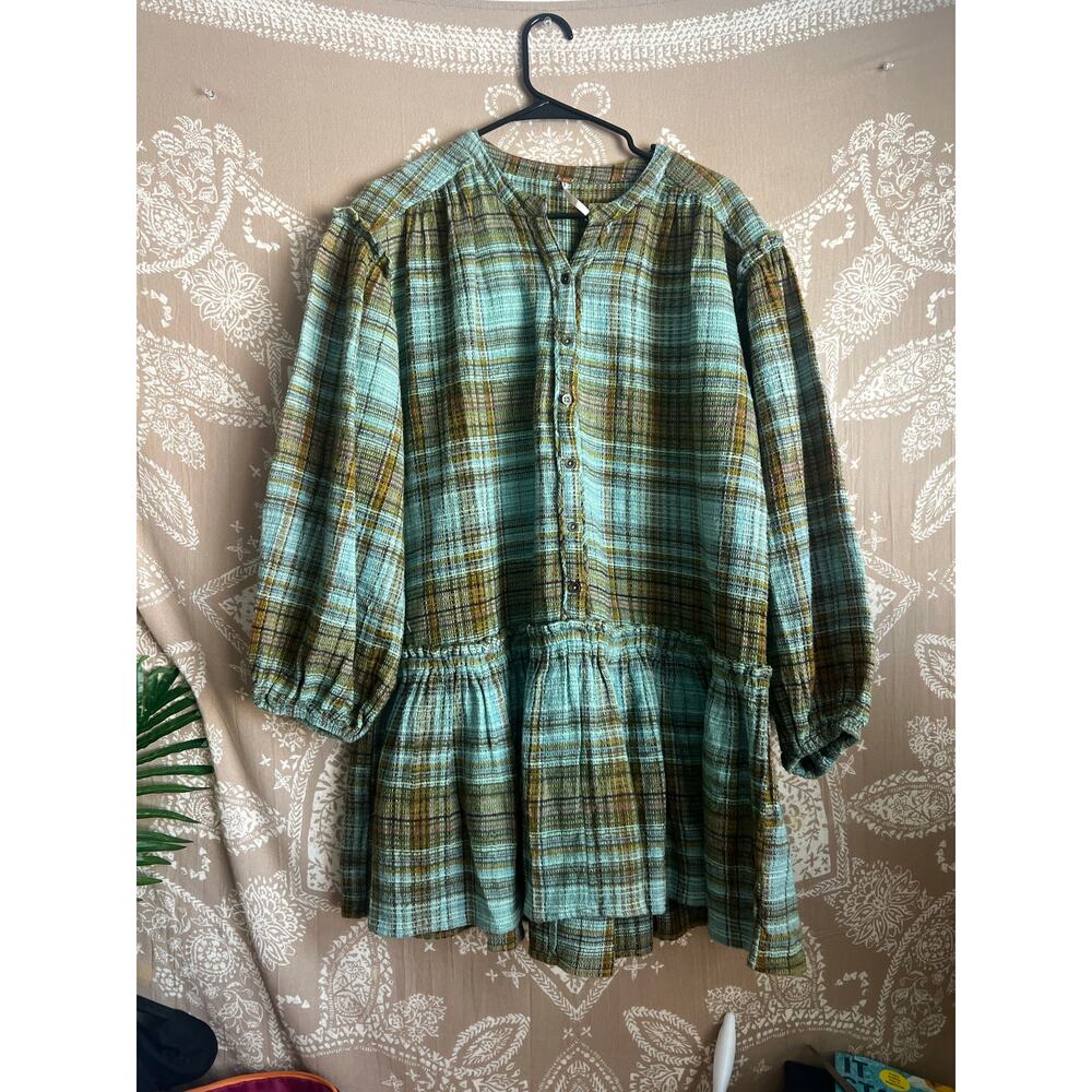NWOT Free People Alexa Green Plaid Waffle Knit Drop Hem Mini Dress - Picture 2 of 6